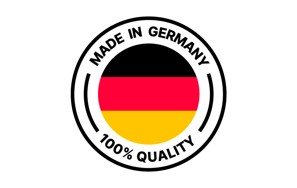 Made in Germany seal, in the middle the colours of the German flag, at the bottom the text 100 % quality