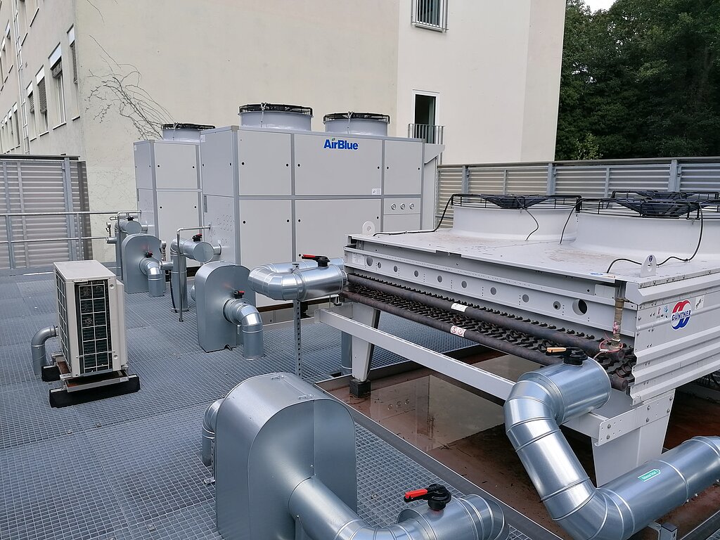 Refrigeration components, redundant refrigeration and supply lines on the roof of the transformer building.