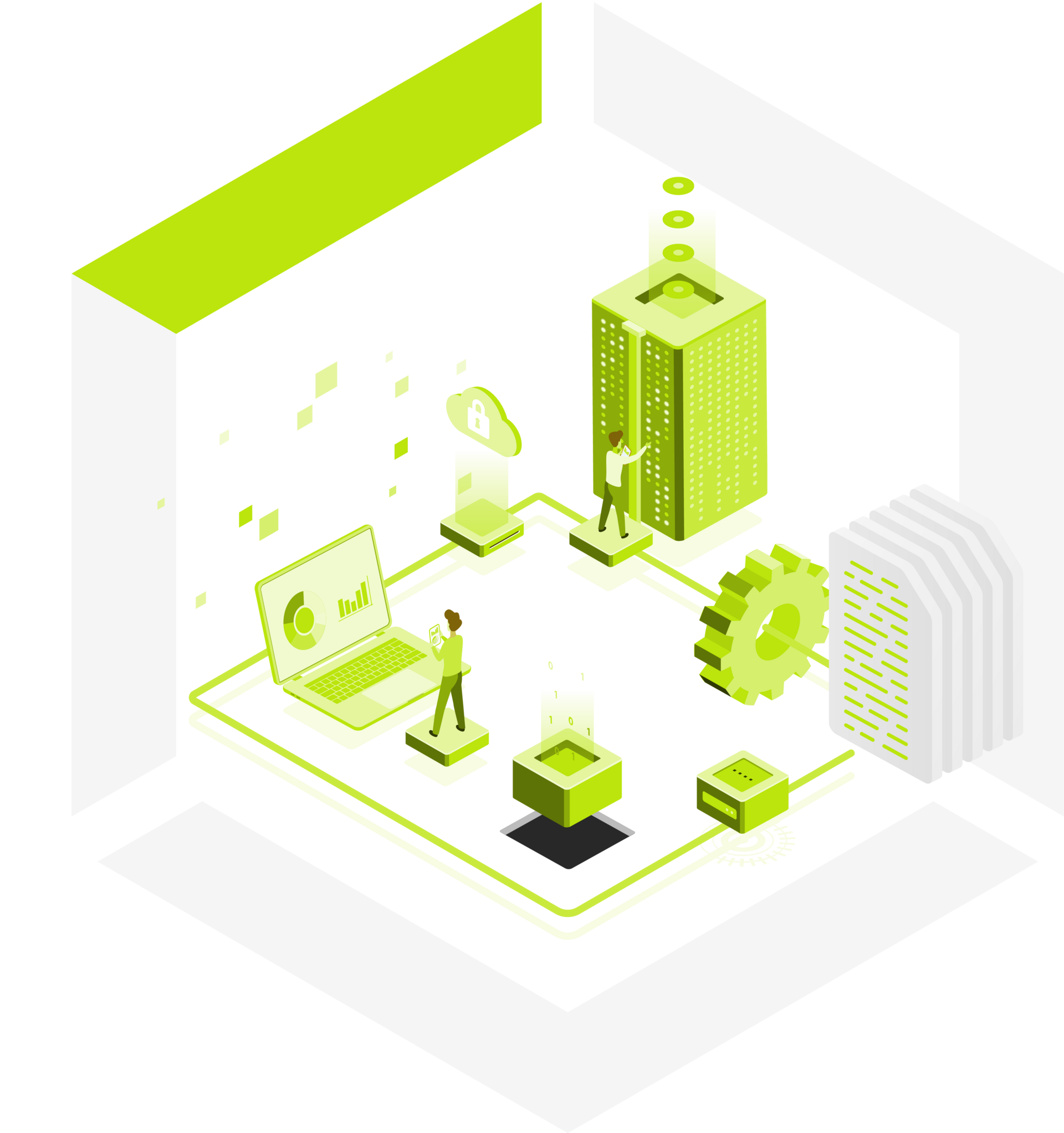 Data Center Solutions Grafik - ein Würfel, in dem ein Rechenzentrum, ein Zahnrad und ein Mensch vor einem Laptop zu sehen sind