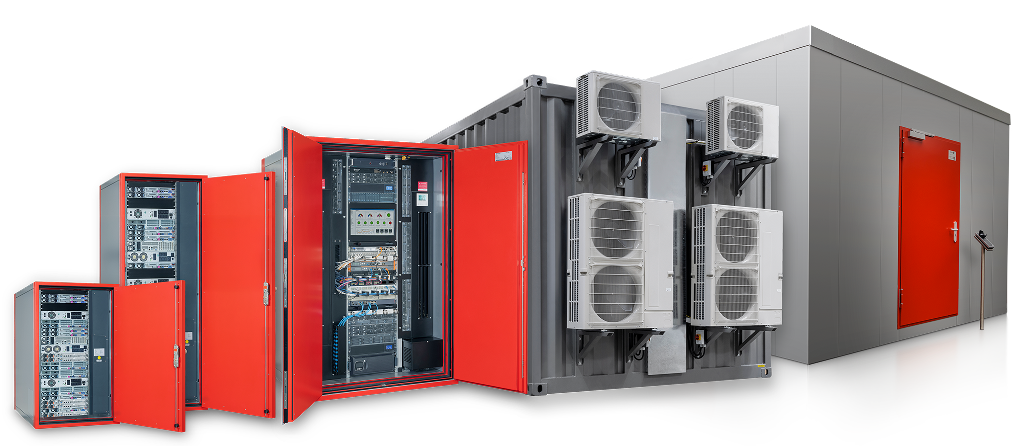 alle Produkte der DCG auf einen Blick, von links: DC iT Safe Mini, Komapkt, 56HE, Container, Room